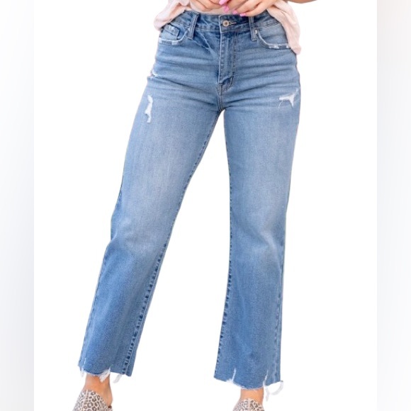 KanCan Boho Babe High Rise Slim Wide Leg Jeans Blue Wash Distressed Women's 29 - Picture 1 of 12